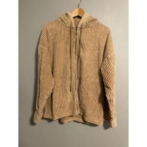 Vintage Womens Hoodie Medium Beige Ribbed Textured Sherpa Trim Zip Granola Girl